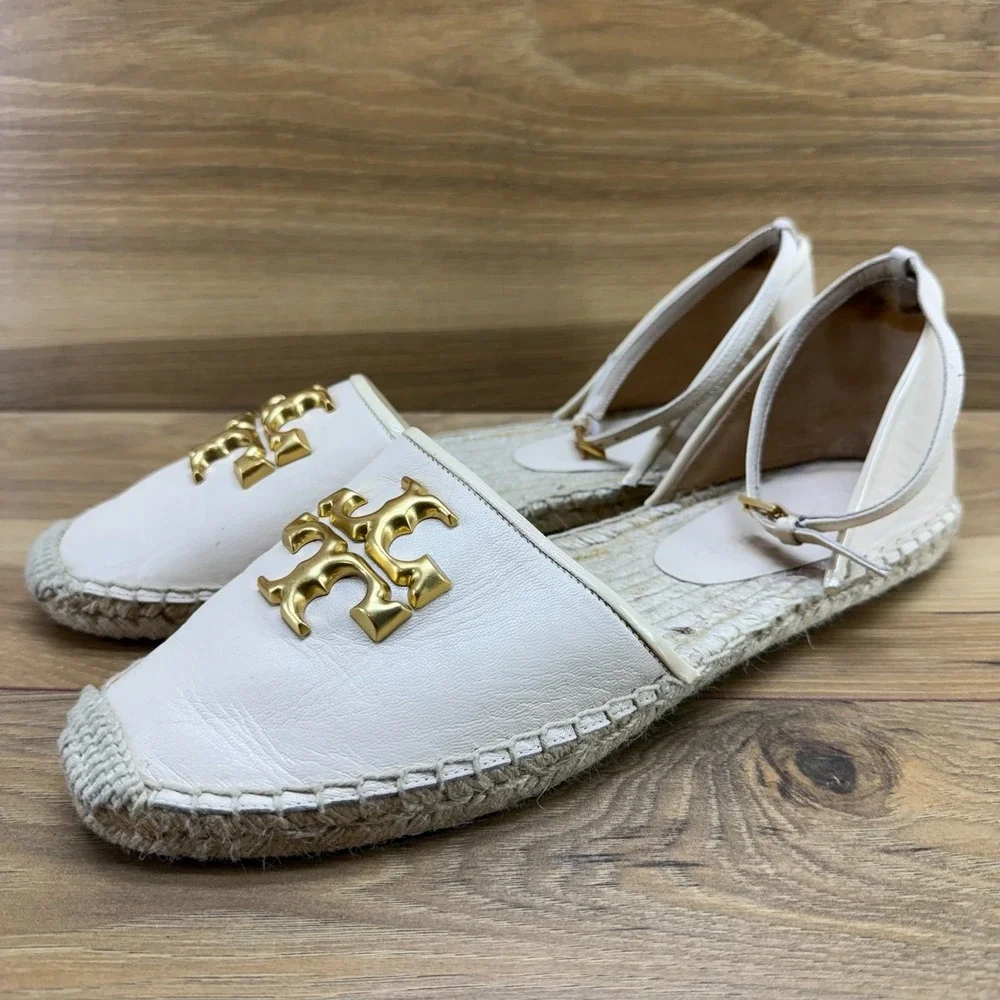 Tory Burch Eleanor Espadrille Flats 10 Cream Gold Logo Ankle Strap Resort Travel